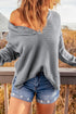 Henley Button Placket Side Slit Drop Shoulder Pullover Knit Sweater